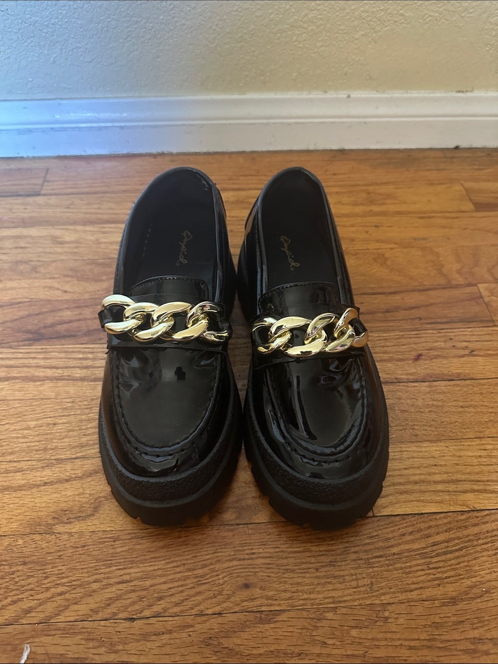 Qupid Black Patent Loafers with Gold Chain Accent
